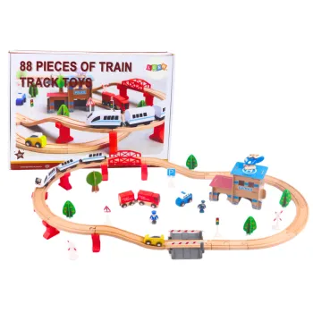 Drewniany zestaw kolejki z pociągiem, torami i akcesoriami dla dzieci
