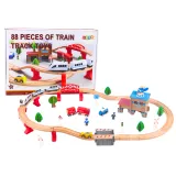 Drewniany zestaw kolejki z pociągiem, torami i akcesoriami dla dzieci