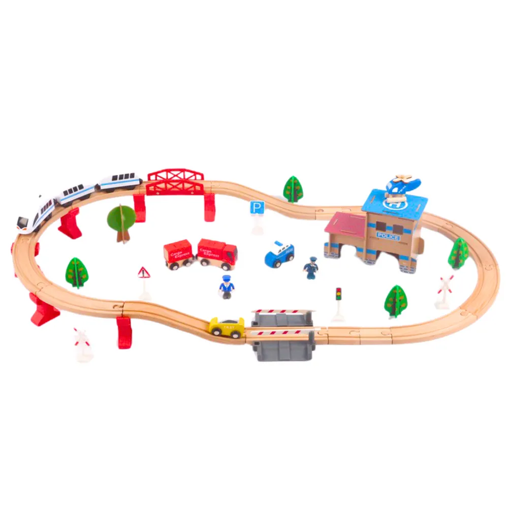 Zestaw pociąg drewniany 88 elementów z pojazdami, drzewami i budynkami