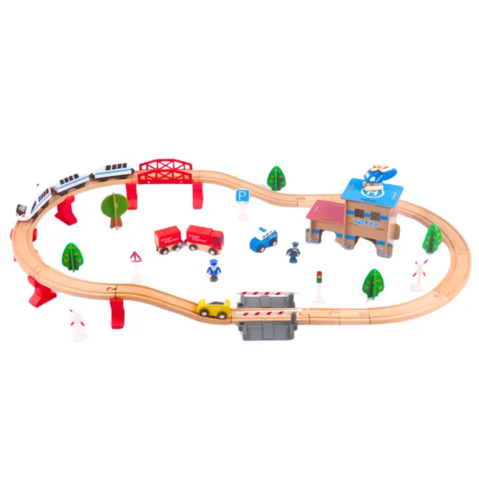 Zestaw pociąg drewniany 88 elementów z pojazdami, drzewami i budynkami