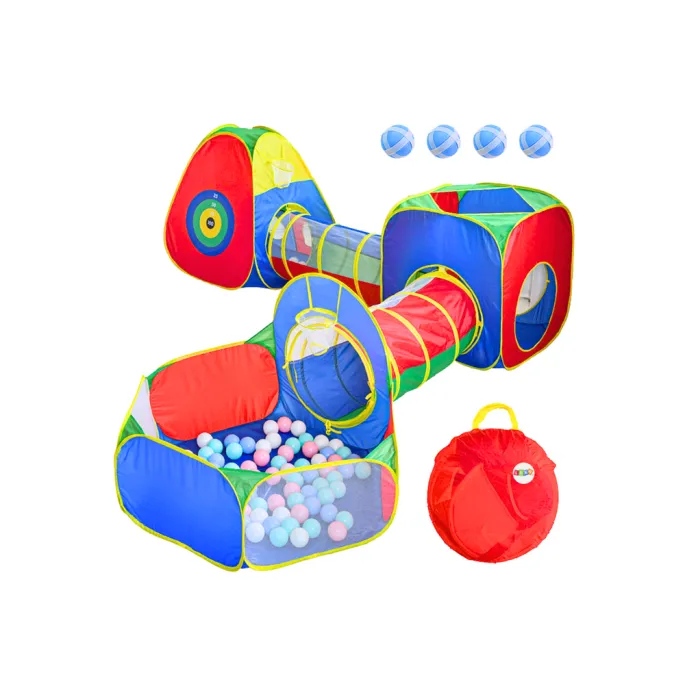Basen na kulki z trójkątnym namiotem i tunelem dla dzieci w ogrodzie