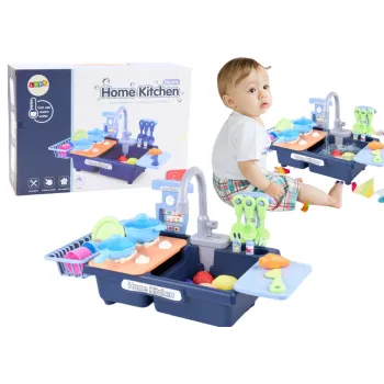 Elektryczny zlewozmywak zabawkowy z akcesoriami dla dzieci na białym tle