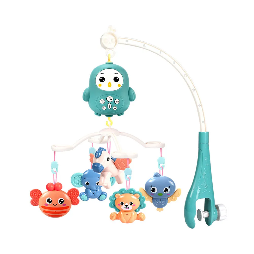 Niebieska karuzela dziecięca z pilotem i kolorowymi grzechotkami