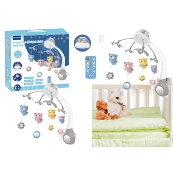 Karuzela do łóżeczka z projektorem i pilotem w kolorze szarym na łóżeczku dziecięcym