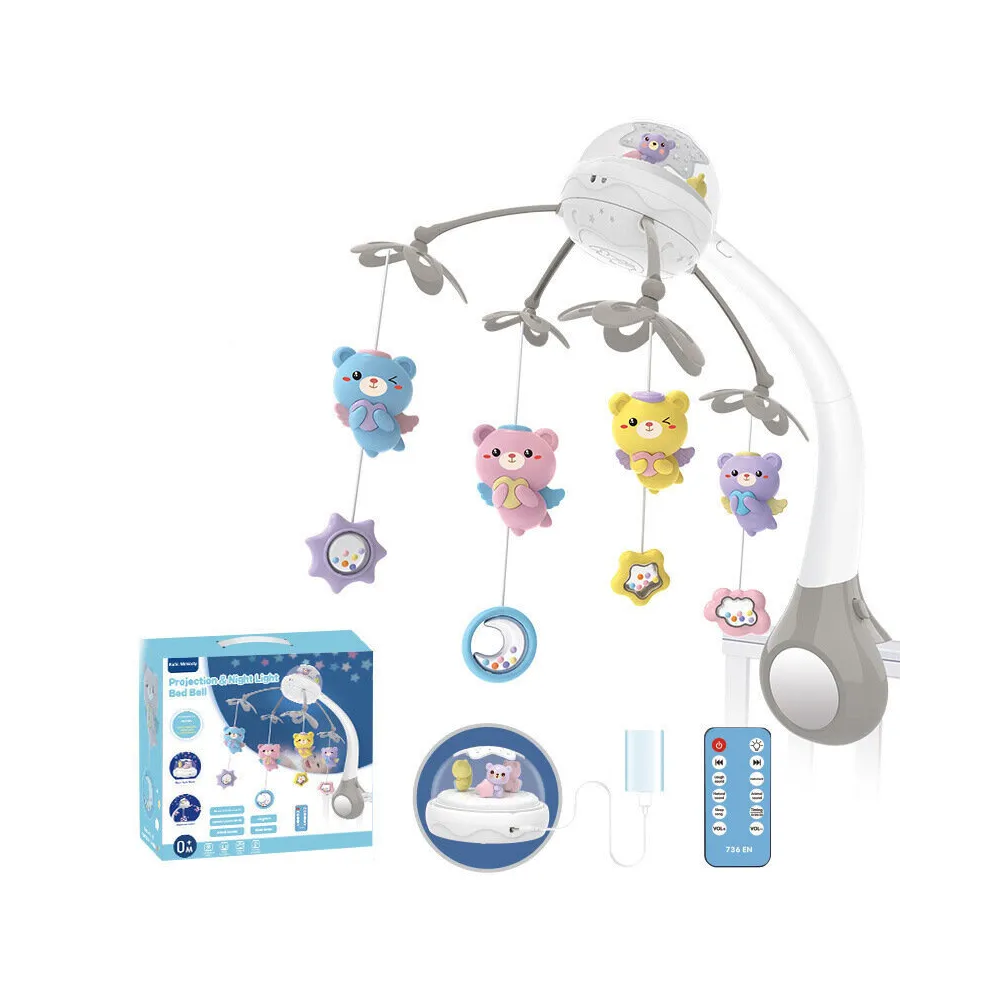 Projektor gwiazdek i księżyca w szarej karuzeli do łóżeczka dla niemowląt