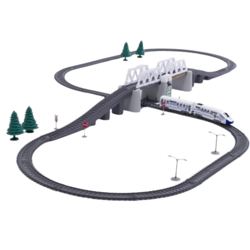 Pociąg elektryczny na torach z mostem dla dzieci, akcesoria i sceneria