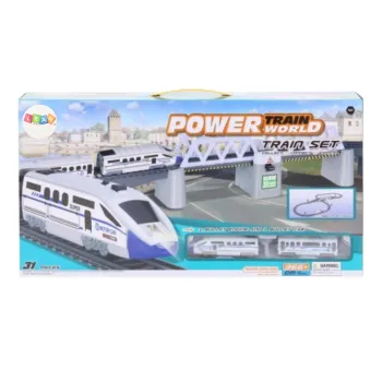 Zestaw pociąg z torami, mostem zwodzonym oraz znakami i drzewkami