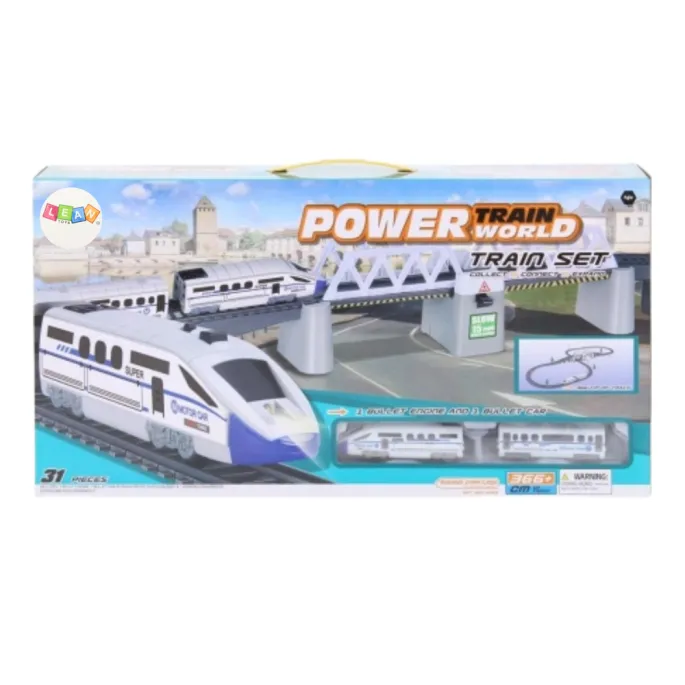 Zestaw pociąg z torami, mostem zwodzonym oraz znakami i drzewkami