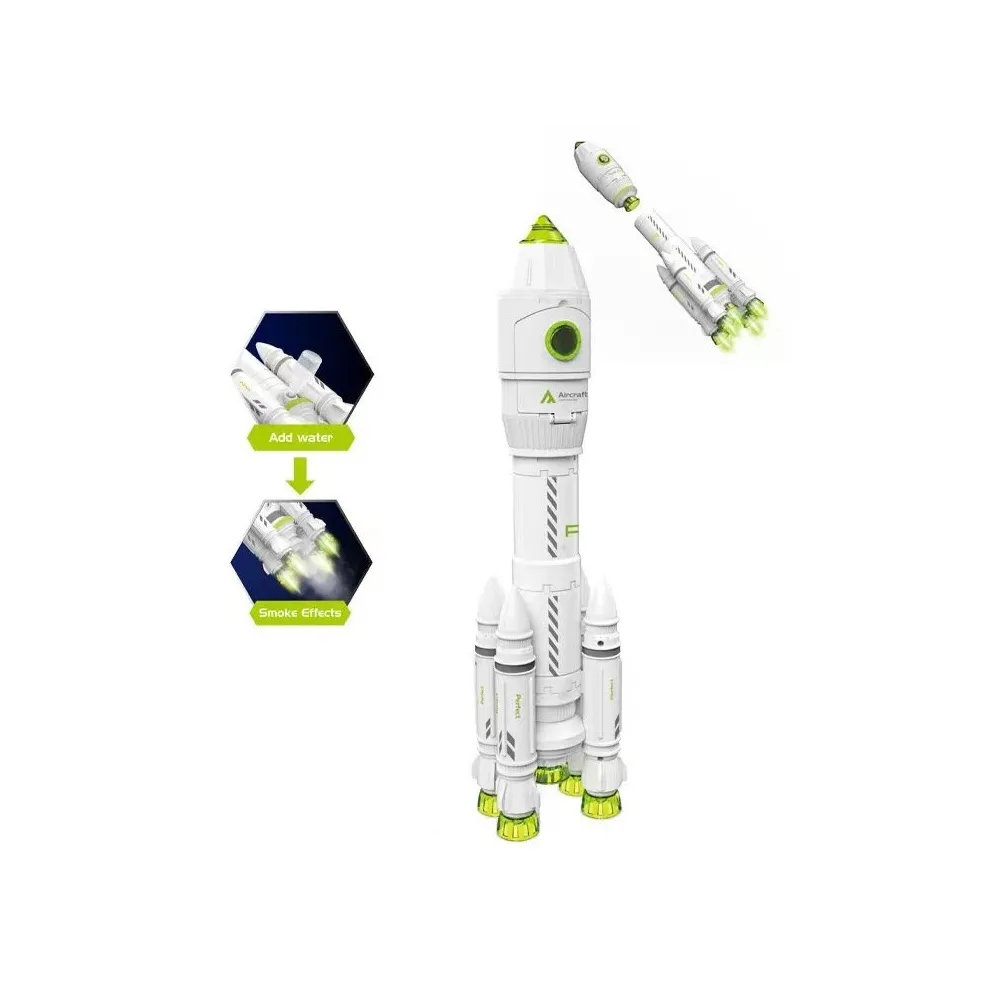 Rakieta zabawkowa z parą wodną i figurką astronauty na tle białym