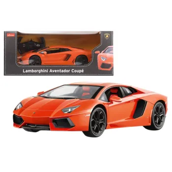 Pomarańczowe auto RC Lamborghini Aventador LP700 w skali 1:14 na białym tle