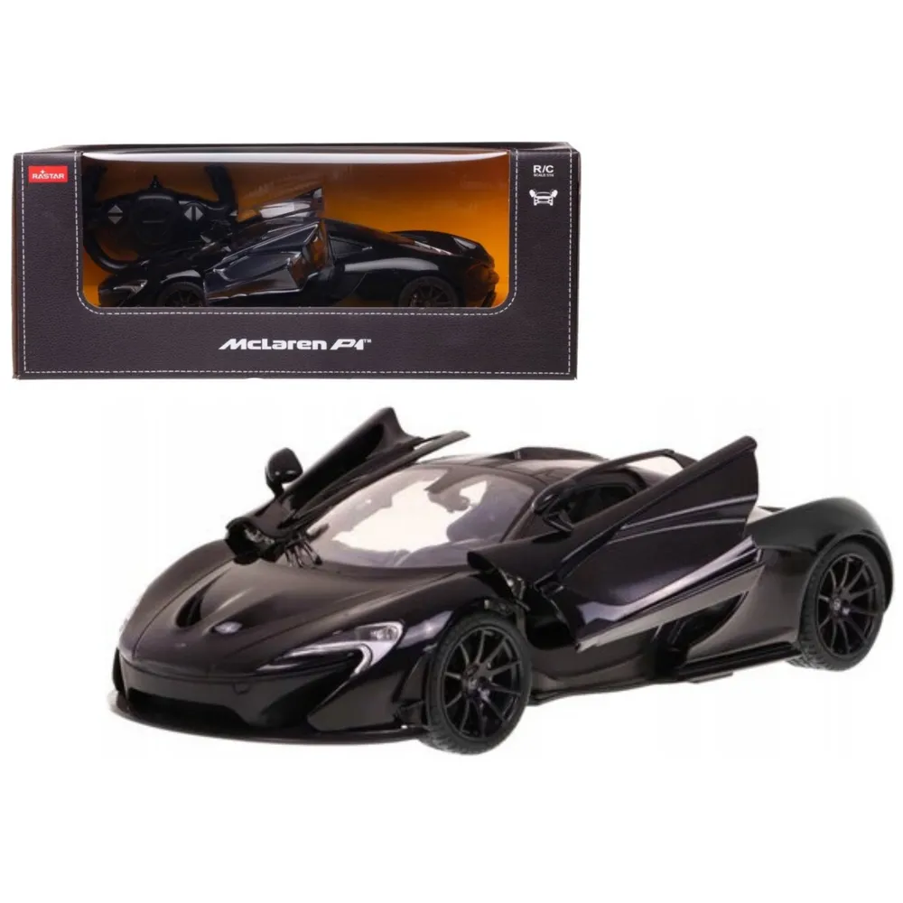 Czarny McLaren P1 RC 1:14 w dynamicznej pozie na białym tle