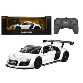 Białe auto sportowe RC Audi R8 widoczne z boku na białym tle