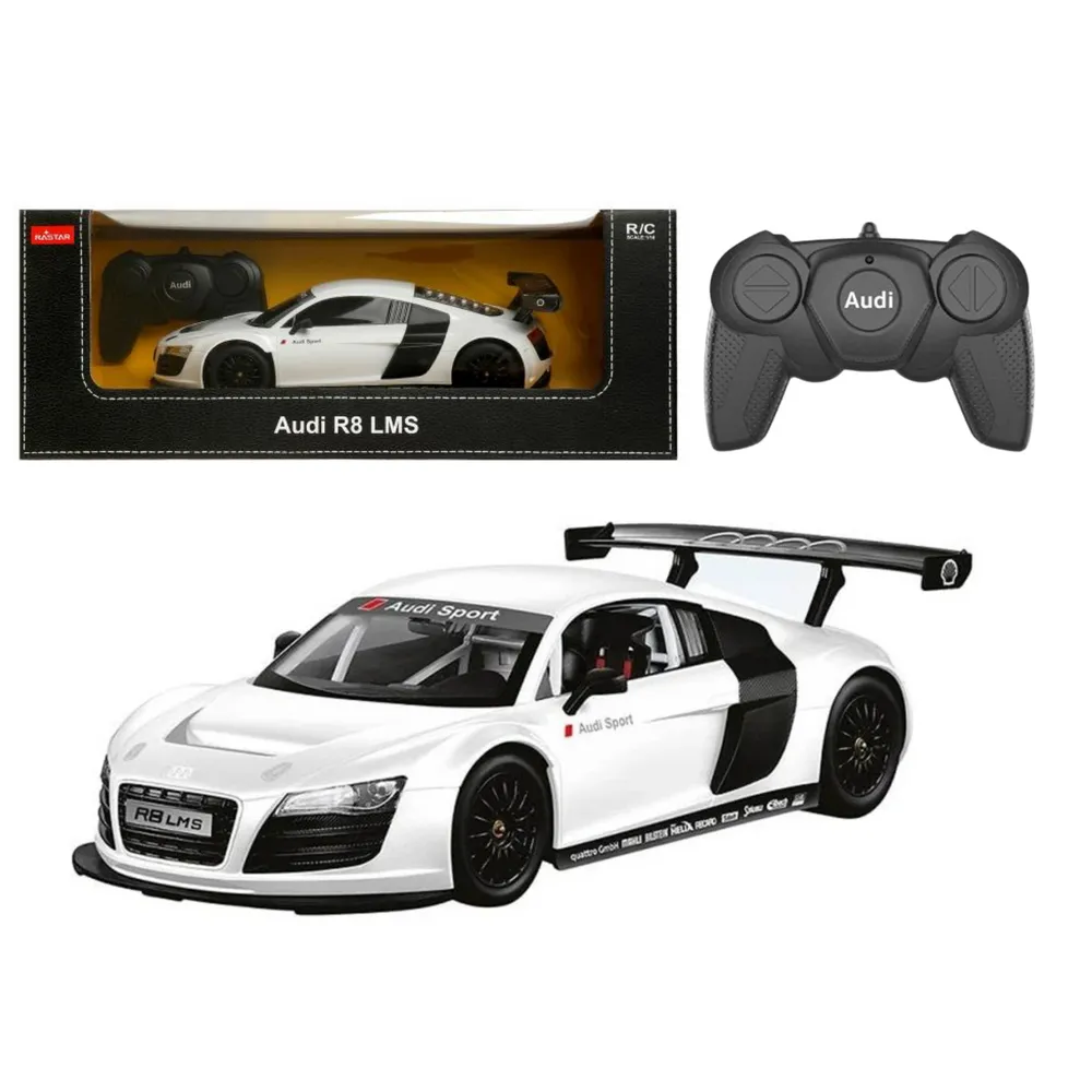 Białe auto sportowe RC Audi R8 widoczne z boku na białym tle