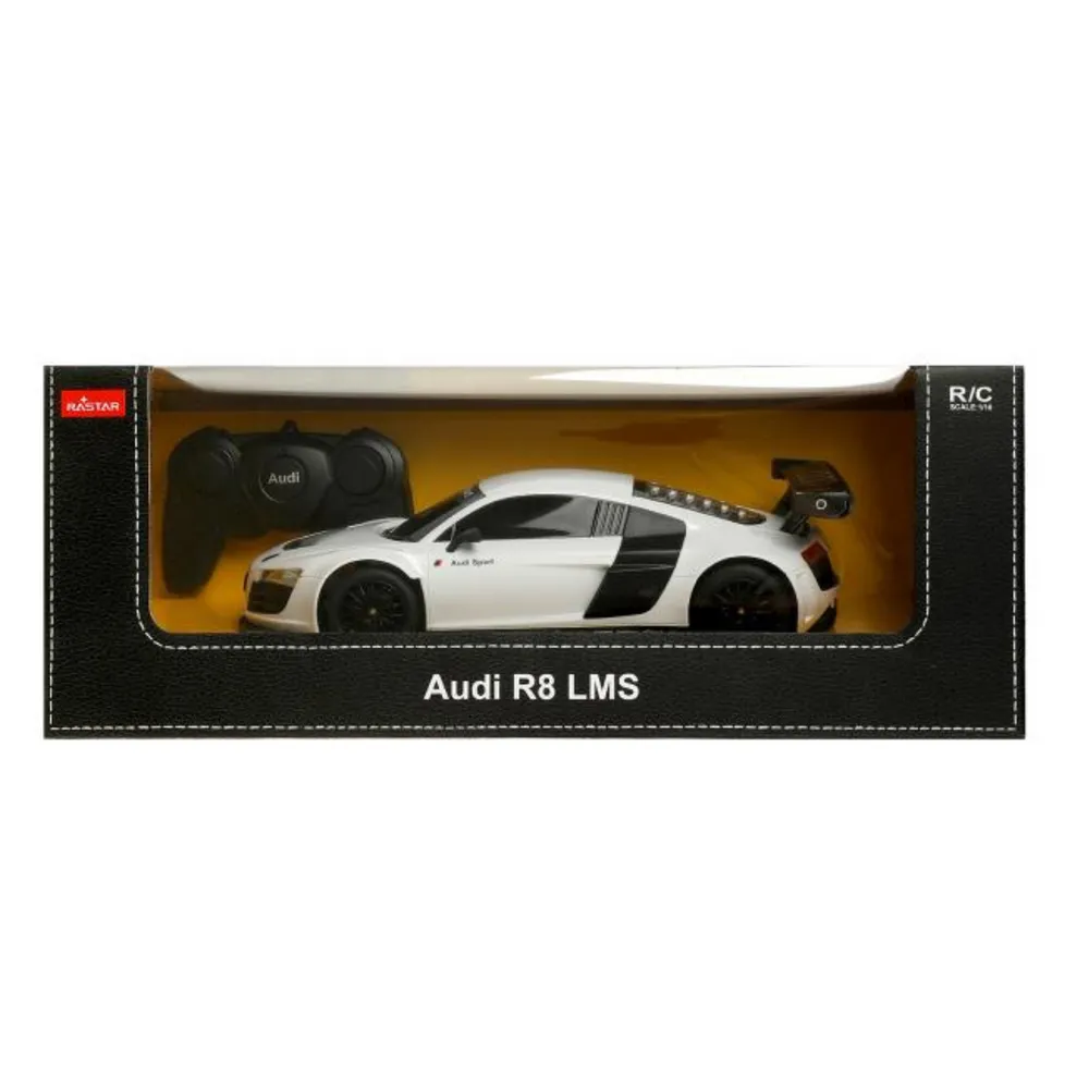 Auto Audi R8 RC z gumowymi kołami prezentowane na opakowaniu