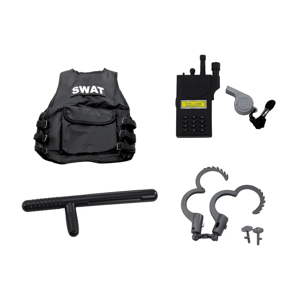 Elementy zestawu policjanta: kamizelka, pałka, kajdanki i sygnalizator świetlny