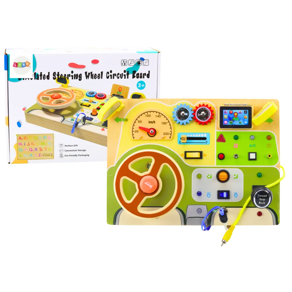 Drewniana tablica sensoryczna samochód z przyciskami i światłami LED