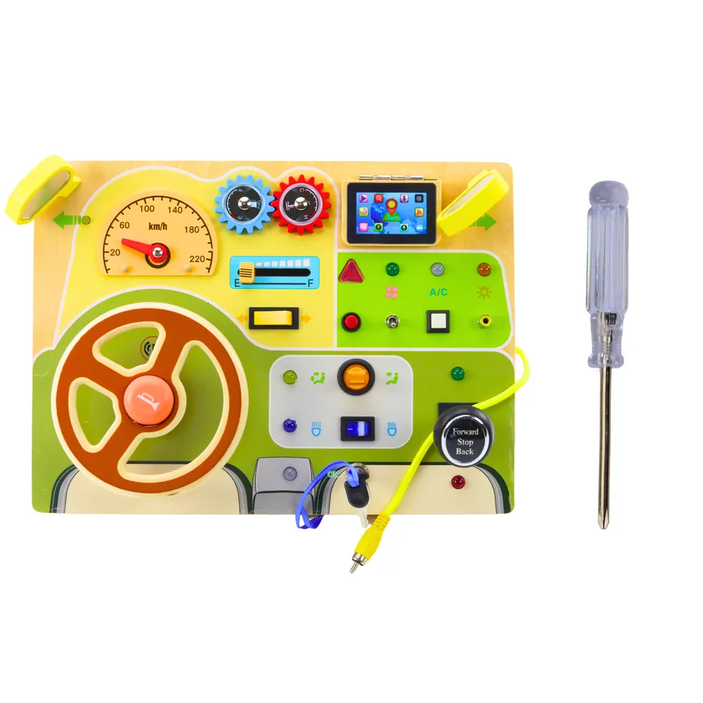 Edukacyjna tablica manipulacyjna w kształcie auta z funkcją świateł LED