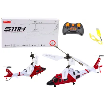 Czerwony helikopter RC Syma S111H widziany z boku na białym tle