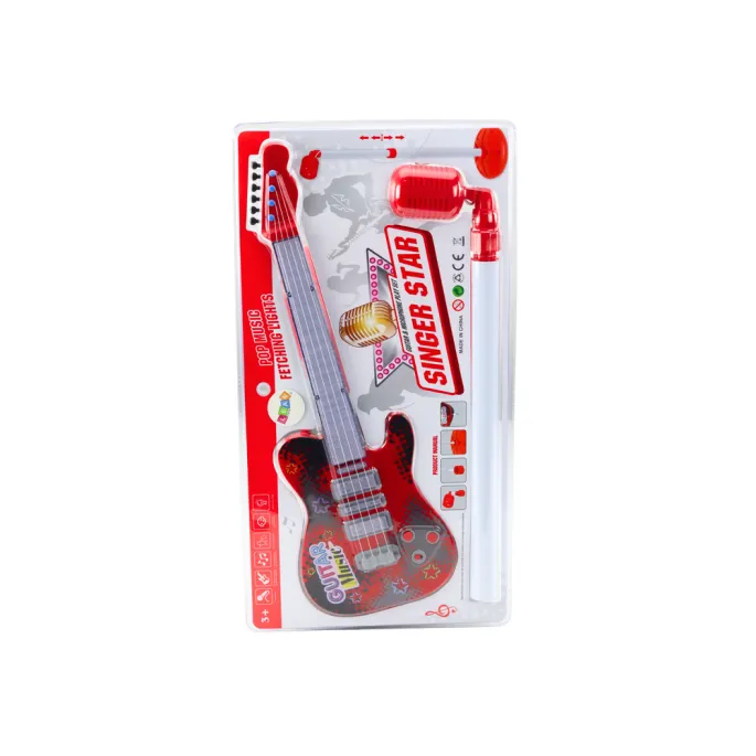 Zestaw muzyczny dla dzieci: gitara elektryczna, statyw i mikrofon w kolorze czerwonym