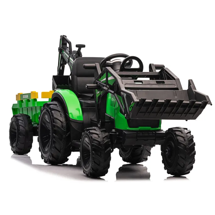Dziecięca koparka na akumulator z solidną zieloną naczepą