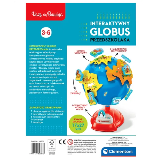 Eko-globus edukacyjny z 14 figurkami zwierząt oraz zdejmowanymi kontynentami