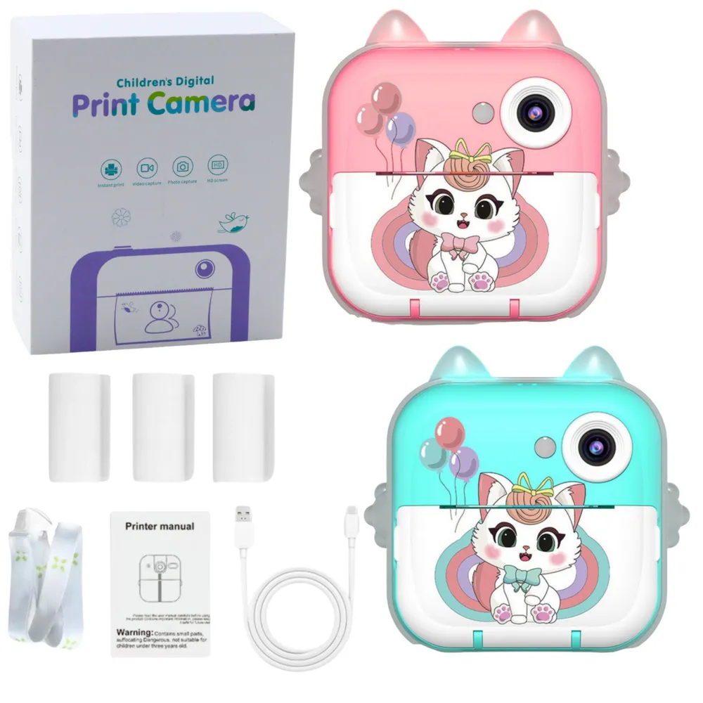 Różowy aparat natychmiastowy z drukarką termiczną w kształcie kotka