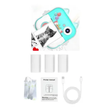 Zestaw z aparatem, papierem termicznym, smyczą oraz przewodem USB-C