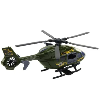 Helikopter zabawka z ruchomymi śmigłami i detalami wojskowymi, skala 1:12