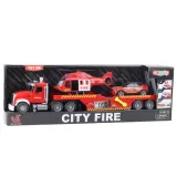 Czerwony zestaw strażacki dla dzieci z lawetą, helikopterem i światłami