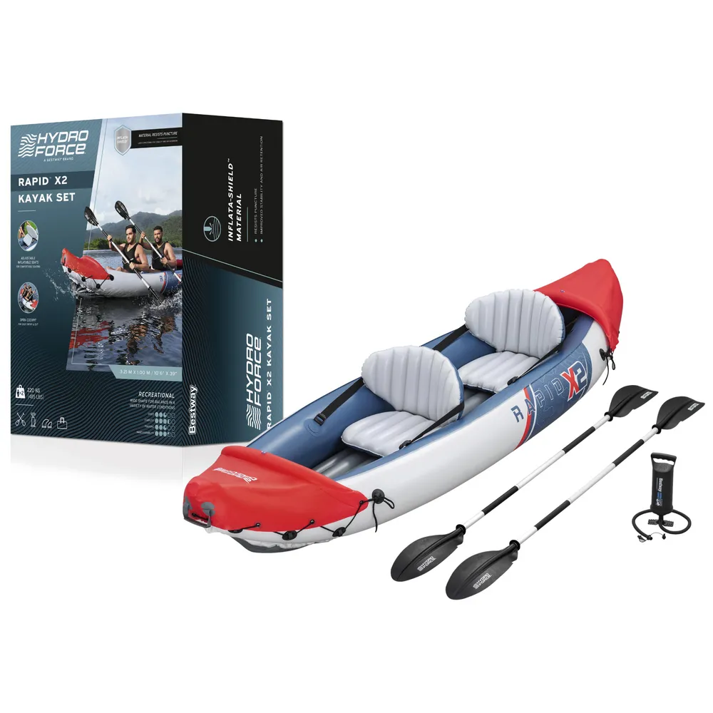 Dmuchany kajak dwuosobowy Bestway 65077 o długości 321 cm na wodzie