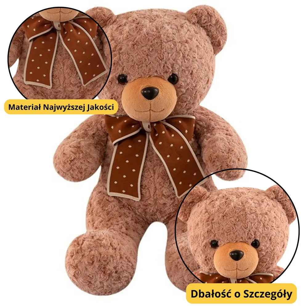 Duża maskotka miś z elegancką kokardą w groszki, idealna do przytulania