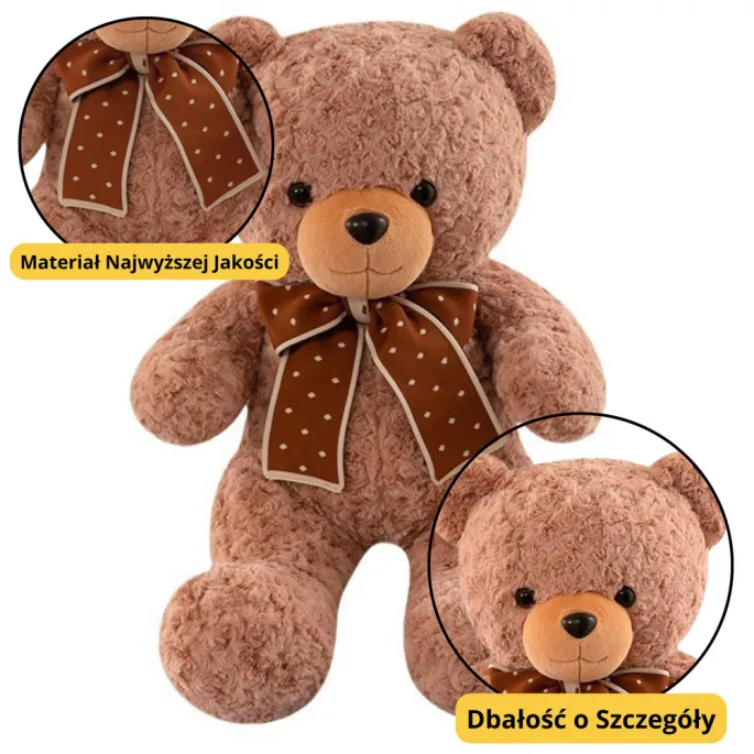 Duża maskotka miś z elegancką kokardą w groszki, idealna do przytulania