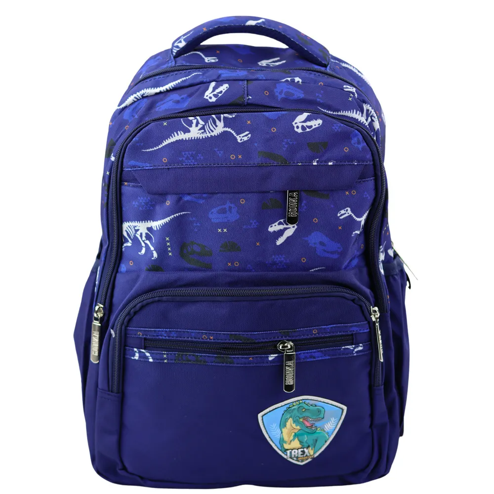 Granatowy plecak szkolny z motywem dinozaurów i naszywką T-Rex
