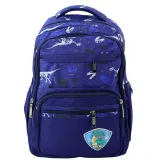 Granatowy plecak szkolny z motywem dinozaurów i naszywką T-Rex