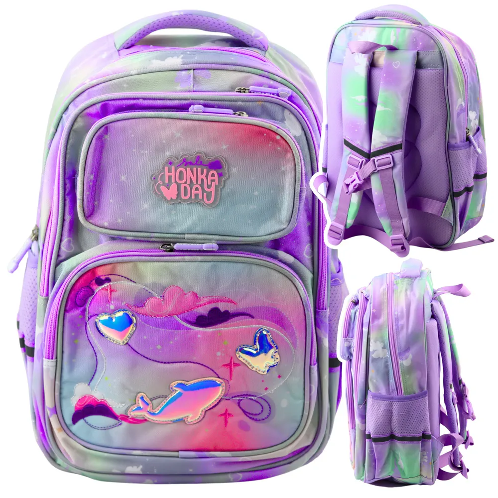 Widok boczny plecaka szkolnego z elastyczną kieszenią na bidon