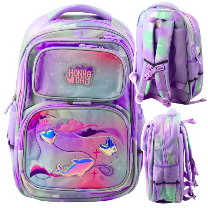 Widok boczny plecaka szkolnego z elastyczną kieszenią na bidon