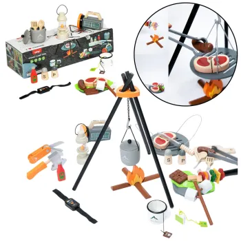 Drewniany zestaw do biwakowania z plecakiem i akcesoriami dla dzieci