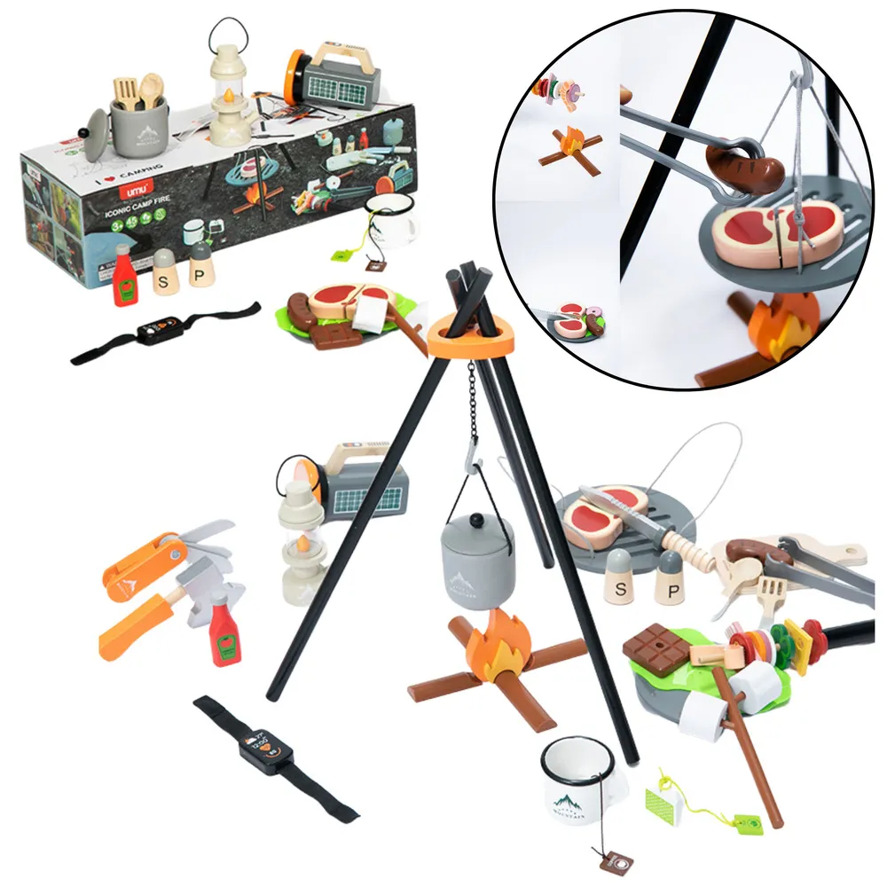 Drewniany zestaw do biwakowania z plecakiem i akcesoriami dla dzieci