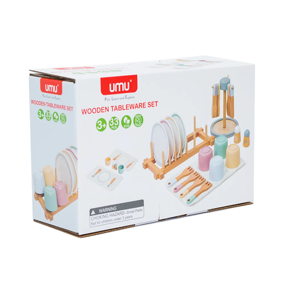 Kolorowy zestaw kuchenny z drewna dla dzieci – naczynia, stojak i akcesoria