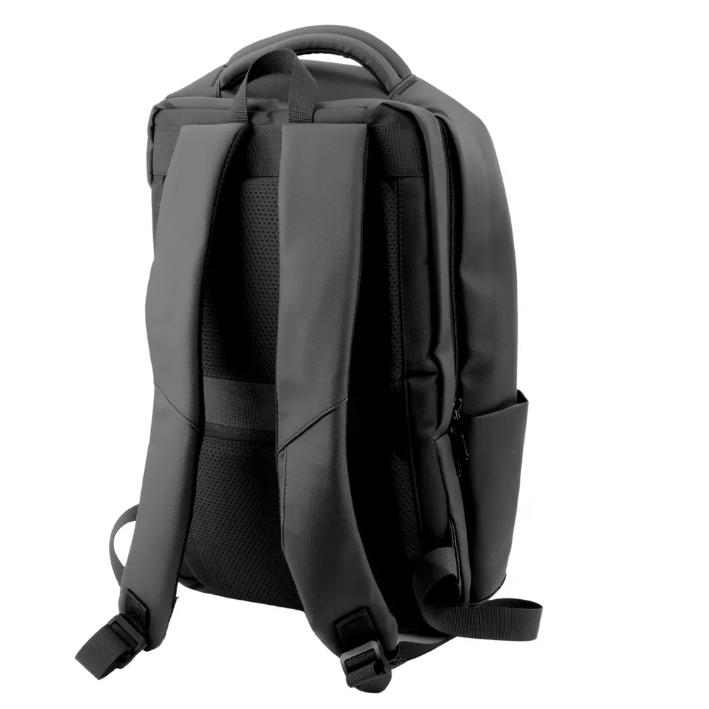 Funkcjonalny czarny plecak biznesowy z kieszenią antykradzieżową i boczną siatką