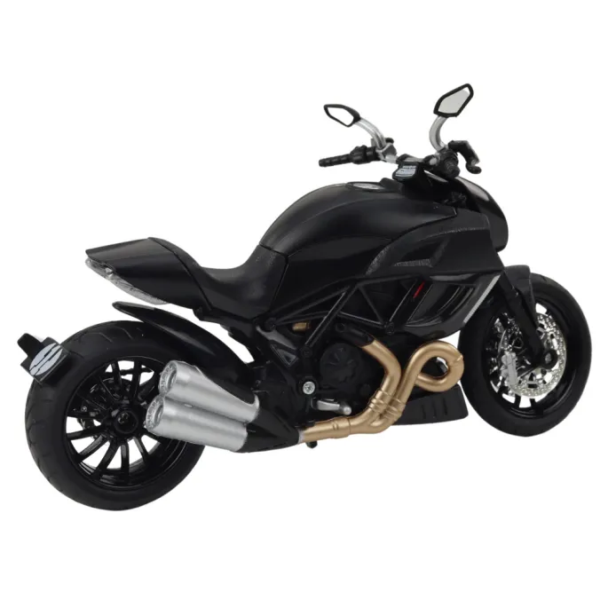Czarny motocykl 1:12 metalowy z obracającymi się kołami i złotymi detalami