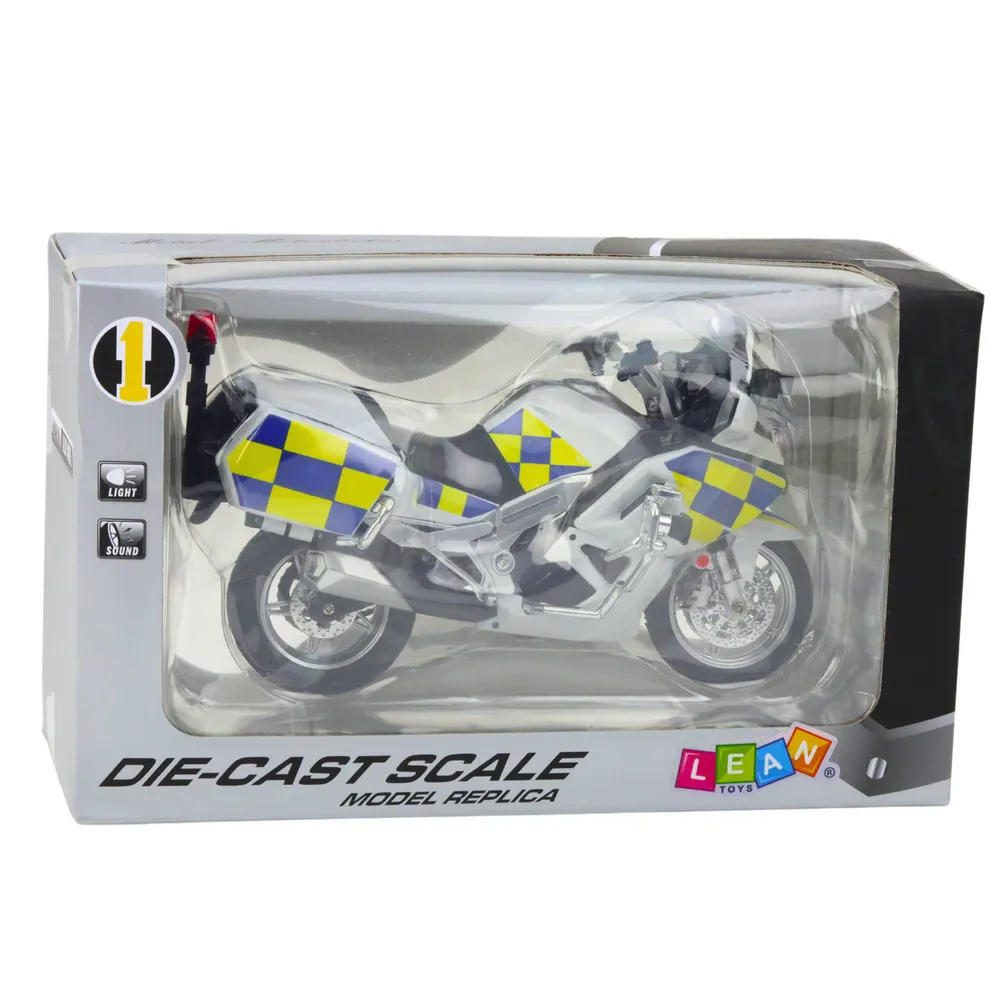 Kolekcjonerski motocykl policji w opakowaniu prezentowym ze światłami i dźwiękiem