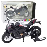 Czarny model metalowego motocykla sportowego V4 w skali 1:12 na białym tle