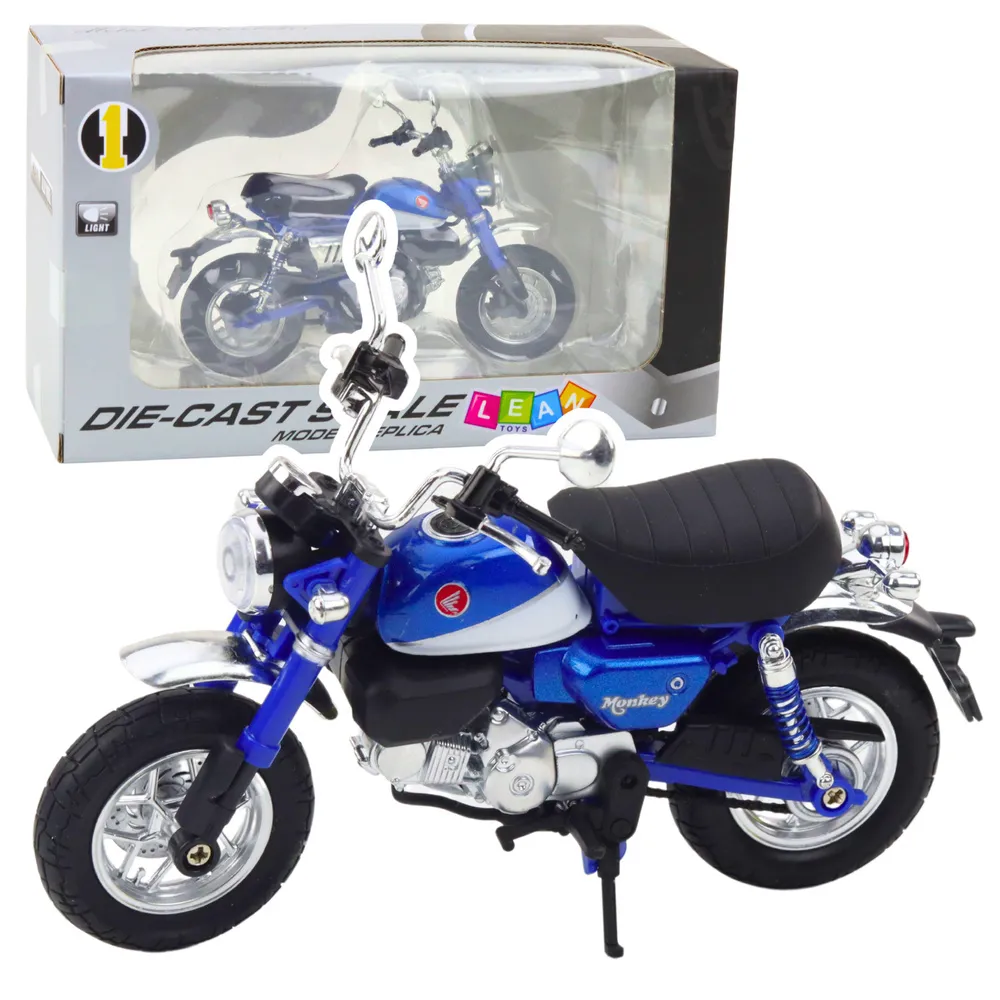 Metalowy motocykl retro 1:12 z niebieskimi światłami LED, przód ujęcia