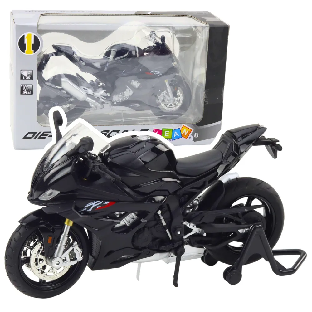 Czarny model metalowego motocykla sportowego S1000 w skali 1:12 z efektami świetlnymi