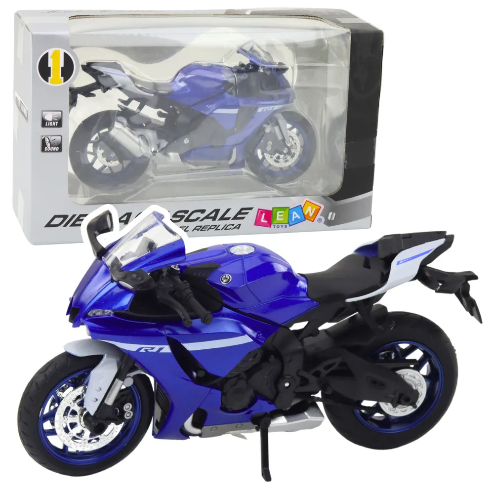 Granatowy metalowy model motocykla sportowego R1 w skali 1:12 z efektami