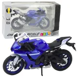 Granatowy metalowy model motocykla sportowego R1 w skali 1:12 z efektami