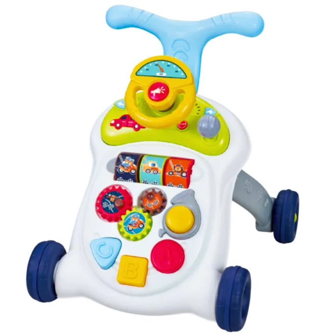 chodzik edukacyjny z kierownicą i regulowanymi kołami do nauki chodzenia