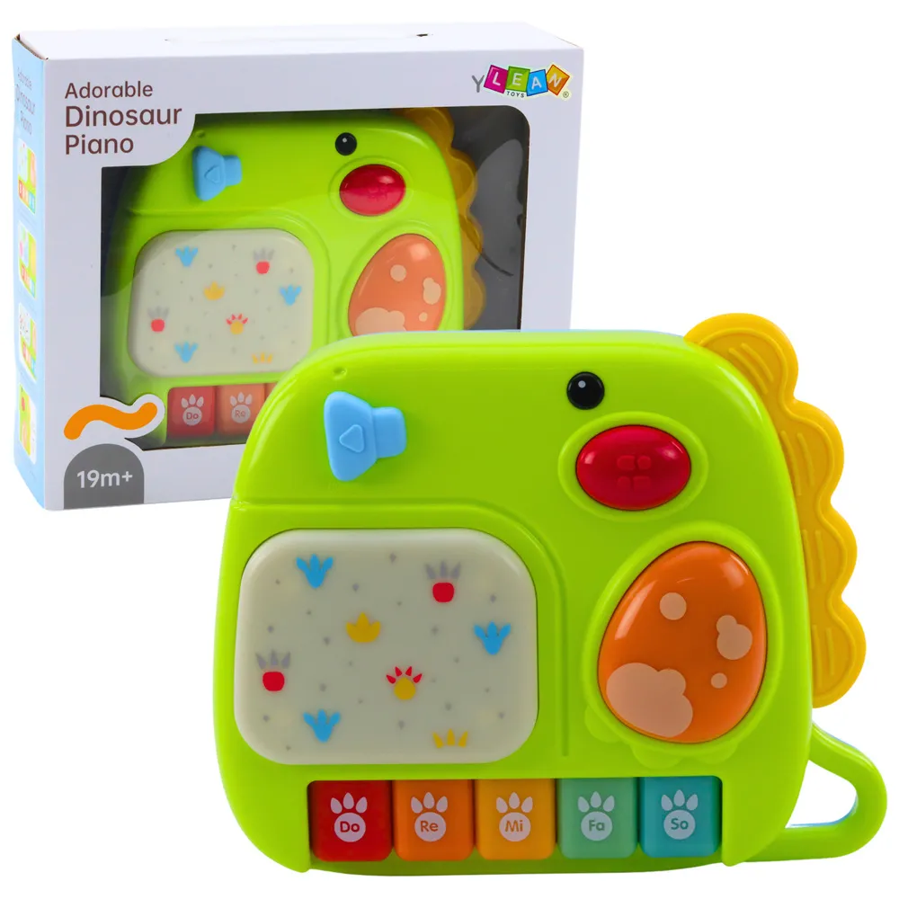 Interaktywne pianinko dziecięce w kształcie zielonego dinozaura z kolorowymi klawiszami