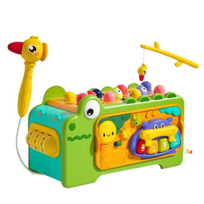 Kostka Montessori krokodyl z cymbałkami, wędką i magnetycznymi rybkami